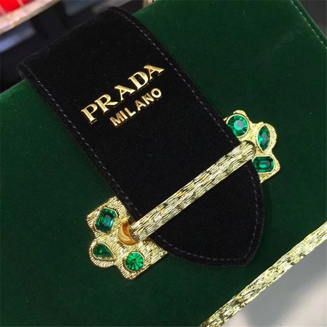 Prada Velvet Cahier Crystal-Embellished 18cm Bag 1BD045 Calfskin Leather Fall Winter 2017 Collection Green Black