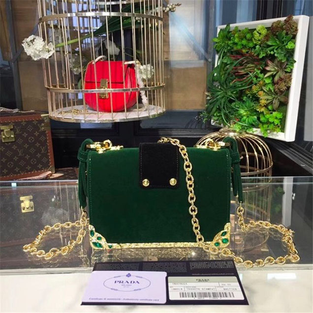Prada Velvet Cahier Crystal-Embellished 18cm Bag 1BD045 Calfskin Leather Fall Winter 2017 Collection Green Black