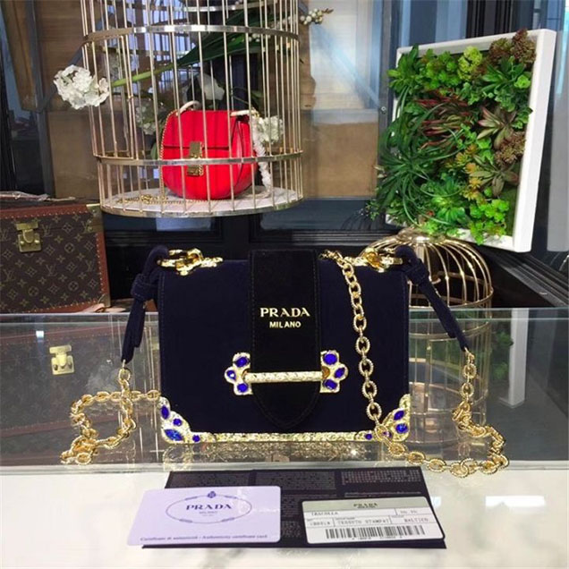Prada Velvet Cahier Crystal-Embellished 18cm Bag 1BD045 Calfskin Leather Fall Winter 2017 Collection Black Blue