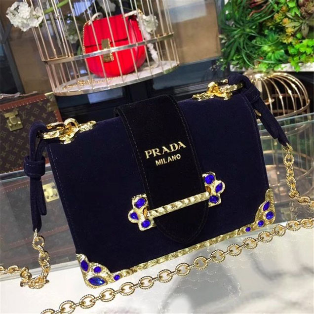 Prada Velvet Cahier Crystal-Embellished 18cm Bag 1BD045 Calfskin Leather Fall Winter 2017 Collection Black Blue
