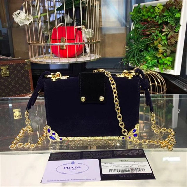 Prada Velvet Cahier Crystal-Embellished 18cm Bag 1BD045 Calfskin Leather Fall Winter 2017 Collection Black Blue