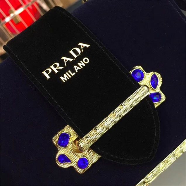 Prada Velvet Cahier Crystal-Embellished 18cm Bag 1BD045 Calfskin Leather Fall Winter 2017 Collection Black Blue