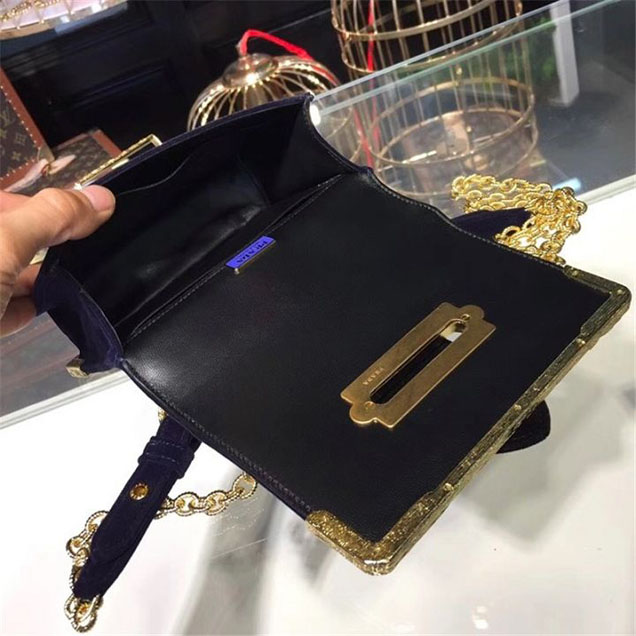 Prada Velvet Cahier Crystal-Embellished 18cm Bag 1BD045 Calfskin Leather Fall Winter 2017 Collection Black Blue