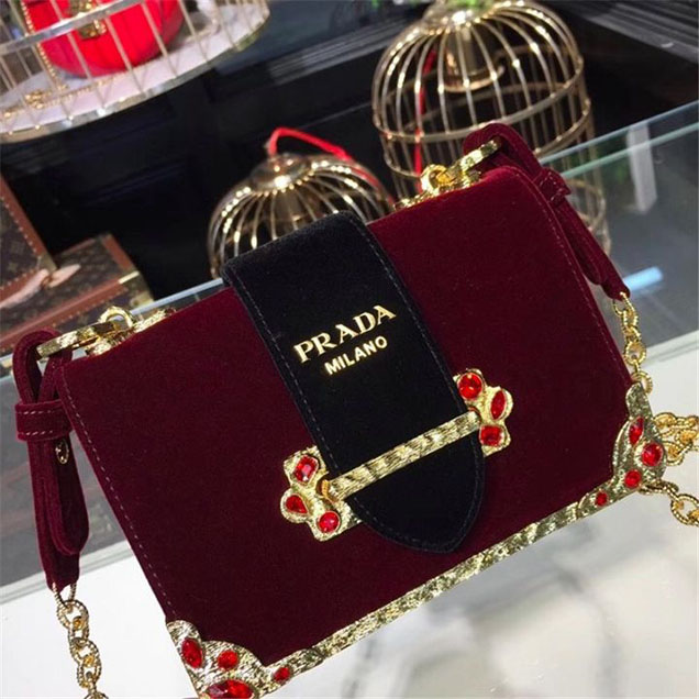 Prada Velvet Cahier Crystal-Embellished 18cm Bag 1BD045 Calfskin Leather Fall Winter 2017 Collection Burgundy