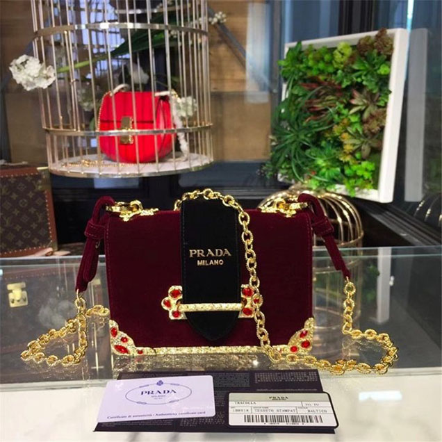 Prada Velvet Cahier Crystal-Embellished 18cm Bag 1BD045 Calfskin Leather Fall Winter 2017 Collection Burgundy