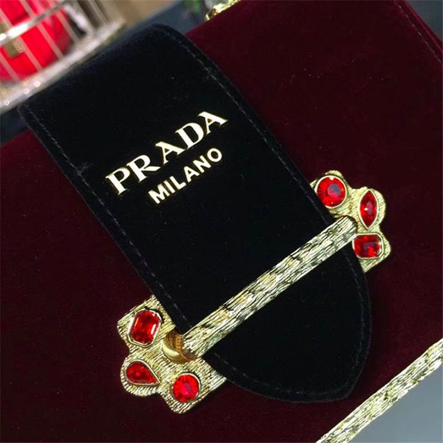 Prada Velvet Cahier Crystal-Embellished 18cm Bag 1BD045 Calfskin Leather Fall Winter 2017 Collection Burgundy