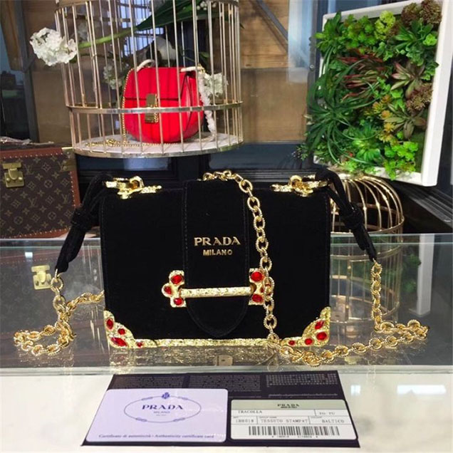Prada Velvet Cahier Crystal-Embellished 18cm Bag 1BD045 Calfskin Leather Fall Winter 2017 Collection Black Red