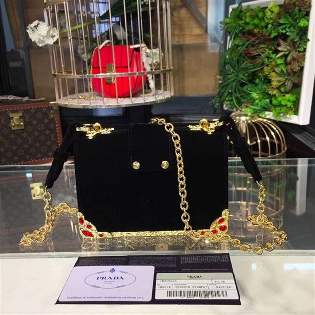 Prada Velvet Cahier Crystal-Embellished 18cm Bag 1BD045 Calfskin Leather Fall Winter 2017 Collection Black Red