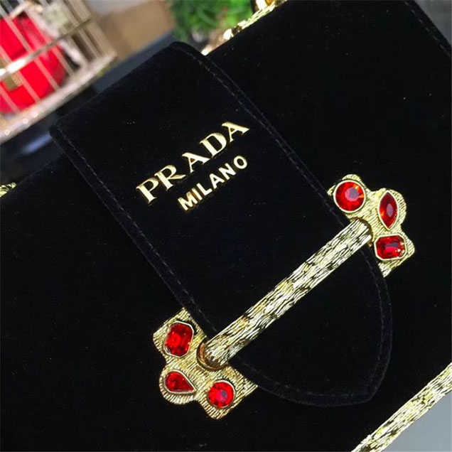 Prada Velvet Cahier Crystal-Embellished 18cm Bag 1BD045 Calfskin Leather Fall Winter 2017 Collection Black Red