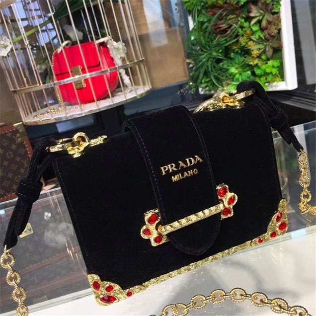 Prada Velvet Cahier Crystal-Embellished 18cm Bag 1BD045 Calfskin Leather Fall Winter 2017 Collection Black Red