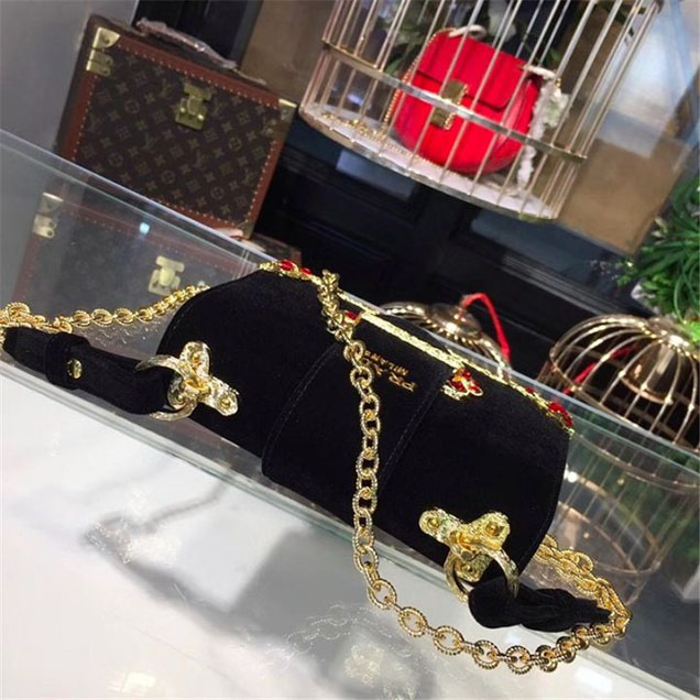 Prada Velvet Cahier Crystal-Embellished 18cm Bag 1BD045 Calfskin Leather Fall Winter 2017 Collection Black Red