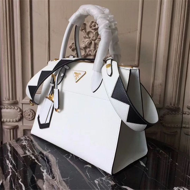 Prada Paradigme Saffiano 30cm Bag 1BA103 Calfskin Leather Fall Winter 2017 Bag Collection White Black