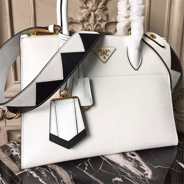 Prada Paradigme Saffiano 30cm Bag 1BA103 Calfskin Leather Fall Winter 2017 Bag Collection White Black