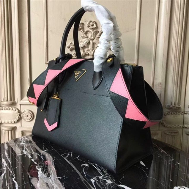 Prada Paradigme Saffiano 30cm Bag 1BA103 Calfskin Leather Fall Winter 2017 Bag Collection Black Light Pink