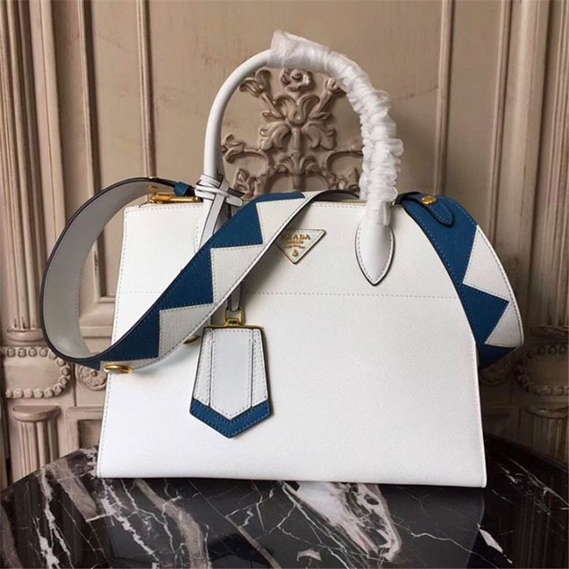 Prada Paradigme Saffiano 30cm Bag 1BA103 Calfskin Leather Fall Winter 2017 Bag Collection White Blue