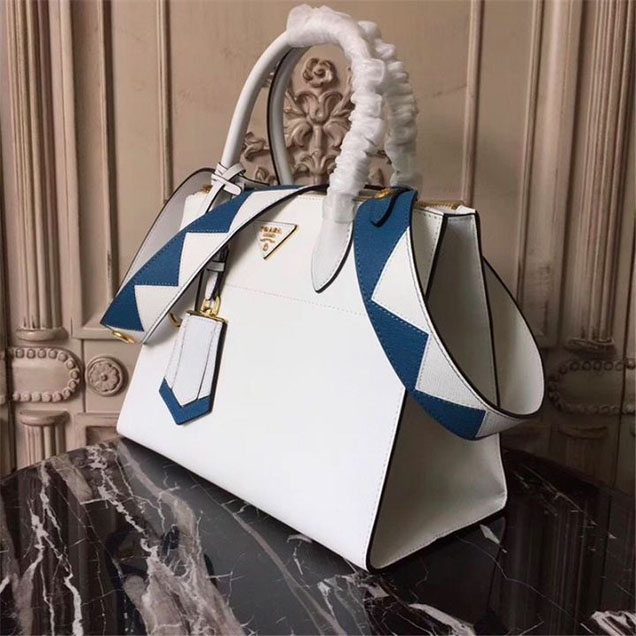 Prada Paradigme Saffiano 30cm Bag 1BA103 Calfskin Leather Fall Winter 2017 Bag Collection White Blue