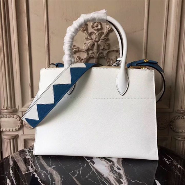 Prada Paradigme Saffiano 30cm Bag 1BA103 Calfskin Leather Fall Winter 2017 Bag Collection White Blue