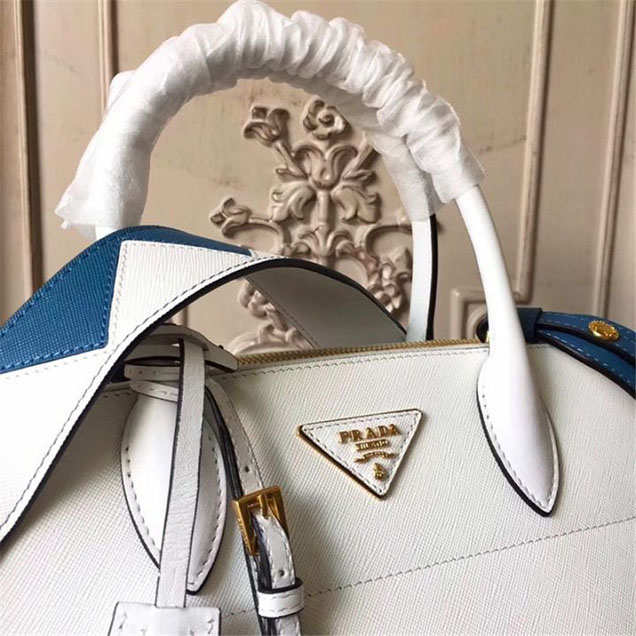 Prada Paradigme Saffiano 30cm Bag 1BA103 Calfskin Leather Fall Winter 2017 Bag Collection White Blue