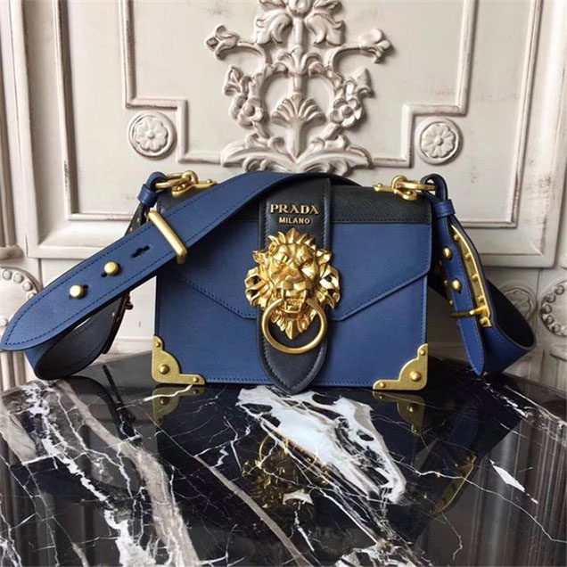 Prada Animalier Lion Head 20cm Bag 1BD089 Calfskin Leather Fall Winter 2017 Bag Collection Blue Black