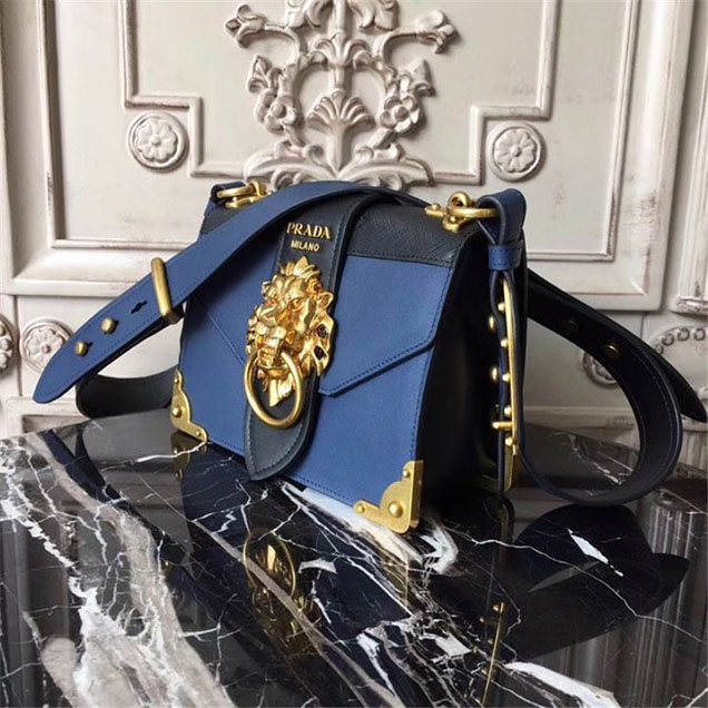 Prada Animalier Lion Head 20cm Bag 1BD089 Calfskin Leather Fall Winter 2017 Bag Collection Blue Black