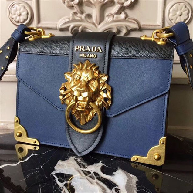 Prada Animalier Lion Head 20cm Bag 1BD089 Calfskin Leather Fall Winter 2017 Bag Collection Blue Black