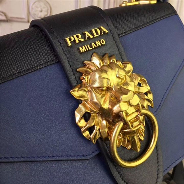 Prada Animalier Lion Head 20cm Bag 1BD089 Calfskin Leather Fall Winter 2017 Bag Collection Blue Black