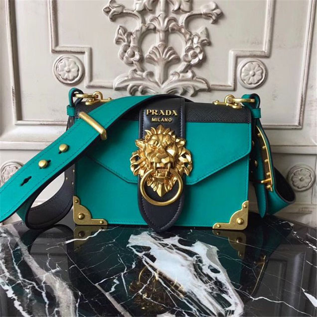 Prada Animalier Lion Head 20cm Bag 1BD089 Calfskin Leather Fall Winter 2017 Bag Collection Turquoise Black