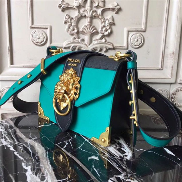 Prada Animalier Lion Head 20cm Bag 1BD089 Calfskin Leather Fall Winter 2017 Bag Collection Turquoise Black