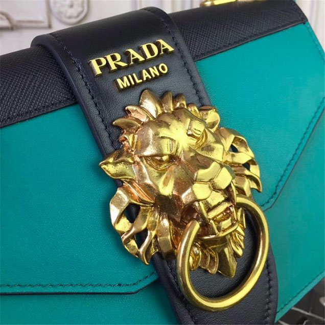 Prada Animalier Lion Head 20cm Bag 1BD089 Calfskin Leather Fall Winter 2017 Bag Collection Turquoise Black