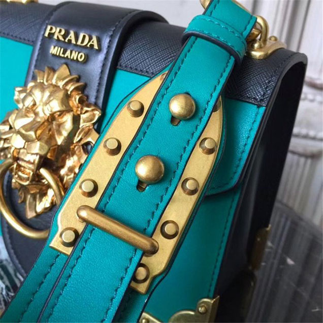 Prada Animalier Lion Head 20cm Bag 1BD089 Calfskin Leather Fall Winter 2017 Bag Collection Turquoise Black