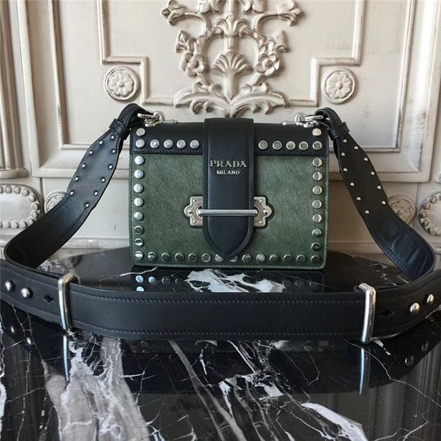 Prada Pionnière Studded with Calf Hair 20cm Shoulder Bag Calfskin Leather Fall Winter 2017 Collection Olive Green