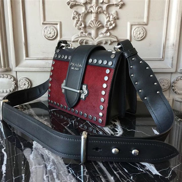 Prada Pionnière Studded with Calf Hair 20cm Shoulder Bag Calfskin Leather Fall Winter 2017 Collection Burgundy