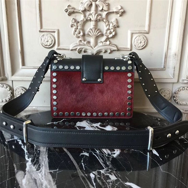Prada Pionnière Studded with Calf Hair 20cm Shoulder Bag Calfskin Leather Fall Winter 2017 Collection Burgundy
