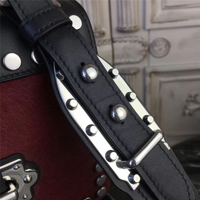 Prada Pionnière Studded with Calf Hair 20cm Shoulder Bag Calfskin Leather Fall Winter 2017 Collection Burgundy