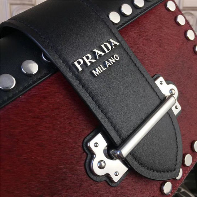 Prada Pionnière Studded with Calf Hair 20cm Shoulder Bag Calfskin Leather Fall Winter 2017 Collection Burgundy