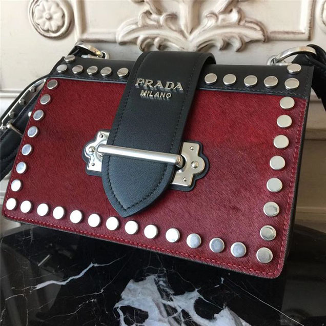 Prada Pionnière Studded with Calf Hair 20cm Shoulder Bag Calfskin Leather Fall Winter 2017 Collection Burgundy
