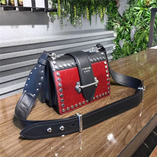 Prada Pionnière Studded with Calf Hair 20cm Shoulder Bag Calfskin Leather Fall Winter 2017 Collection Burgundy