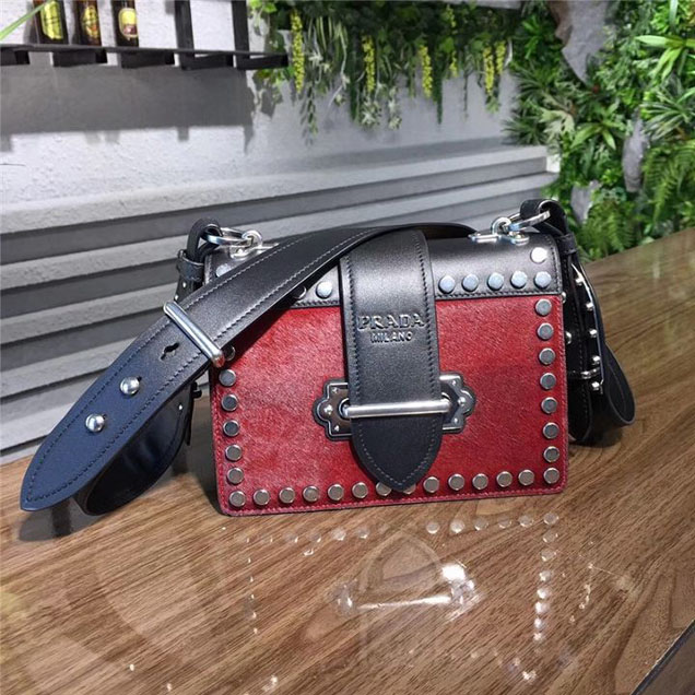 Prada Pionnière Studded with Calf Hair 20cm Shoulder Bag Calfskin Leather Fall Winter 2017 Collection Burgundy