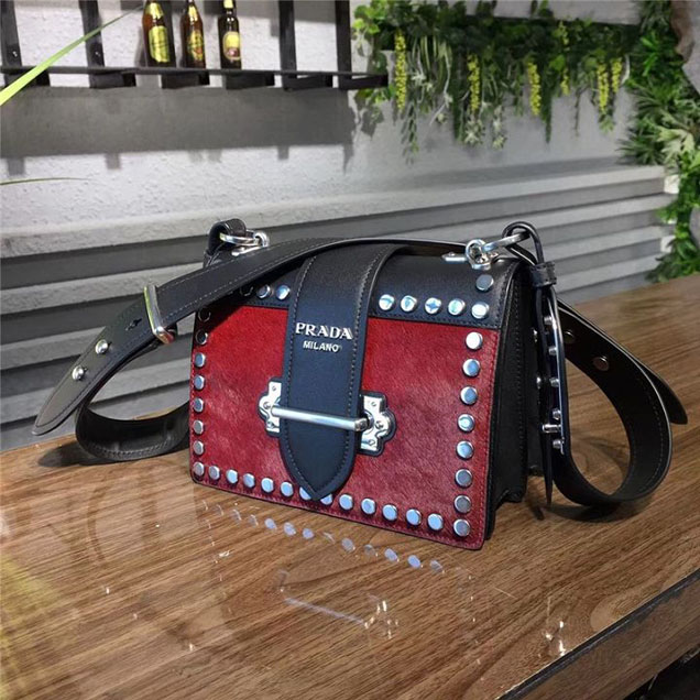 Prada Pionnière Studded with Calf Hair 20cm Shoulder Bag Calfskin Leather Fall Winter 2017 Collection Burgundy
