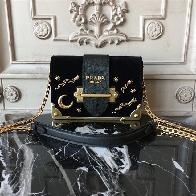 Prada Cahier Astrology Shoulder Bag Suede Calfskin Leather 18cm Fall Winter 2017 Bag Collection Black