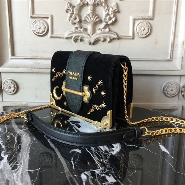 Prada Cahier Astrology Shoulder Bag Suede Calfskin Leather 18cm Fall Winter 2017 Bag Collection Black
