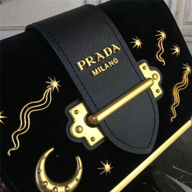 Prada Cahier Astrology Shoulder Bag Suede Calfskin Leather 18cm Fall Winter 2017 Bag Collection Black