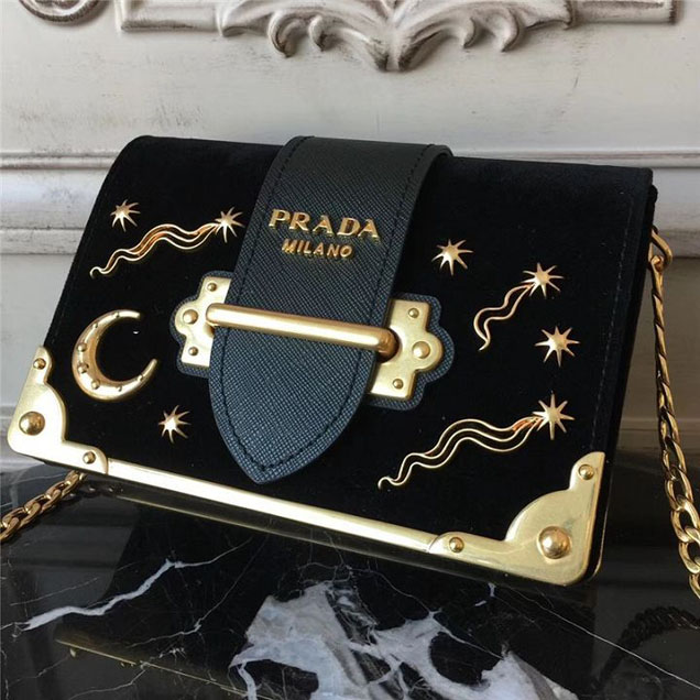 Prada Cahier Astrology Shoulder Bag Suede Calfskin Leather 18cm Fall Winter 2017 Bag Collection Black