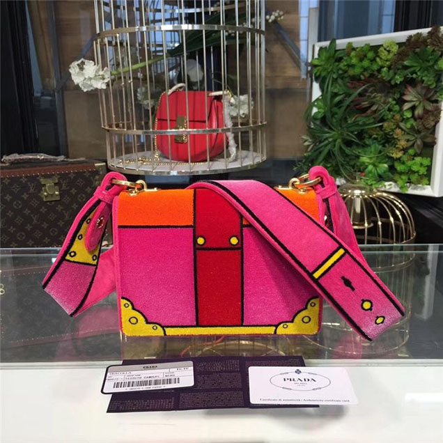 Prada Trompe L'oeil Velvet Cahier Bag 20cm 1BD075 Fall Winter 2017 Bag Collection Fuchsia Orange