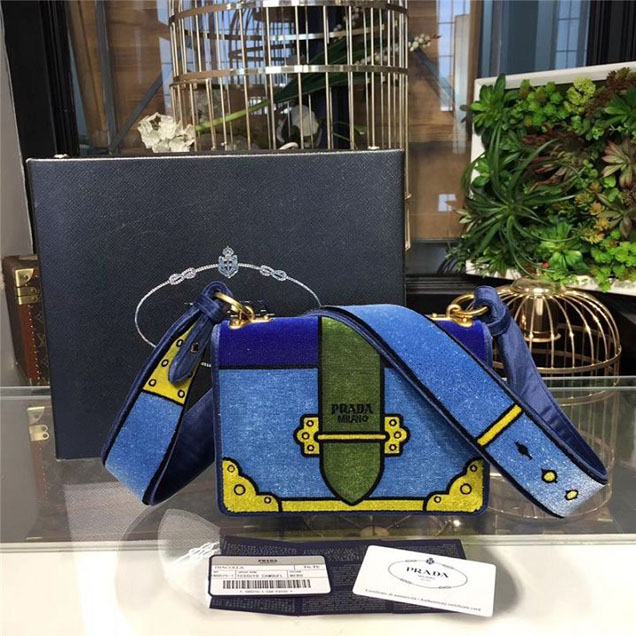 Prada Trompe L'oeil Velvet Cahier Bag 20cm 1BD075 Fall Winter 2017 Bag Collection Blue Green