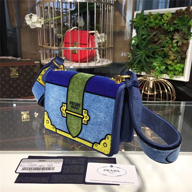 Prada Trompe L'oeil Velvet Cahier Bag 20cm 1BD075 Fall Winter 2017 Bag Collection Blue Green