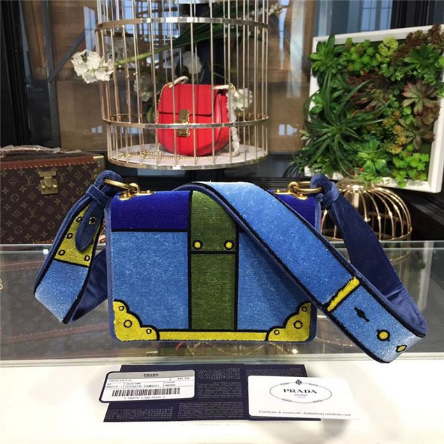 Prada Trompe L'oeil Velvet Cahier Bag 20cm 1BD075 Fall Winter 2017 Bag Collection Blue Green