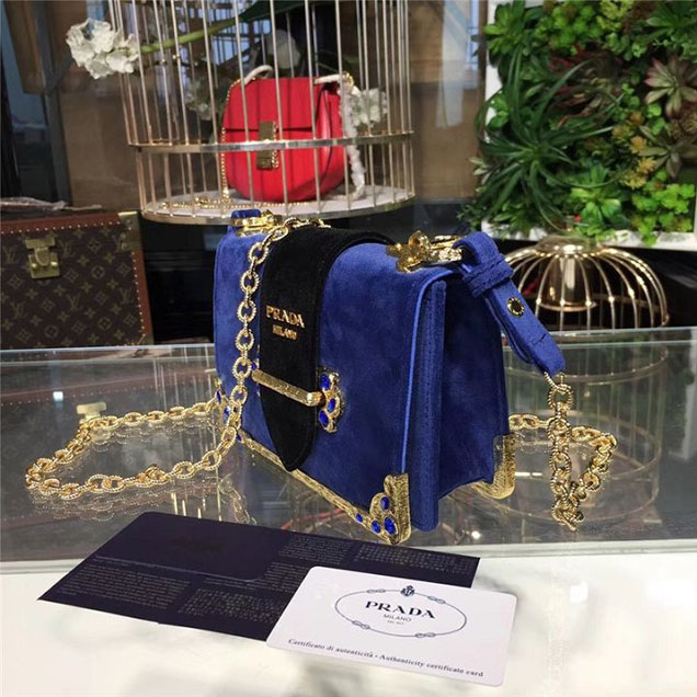 Prada Cahier Crystal-Embellished Velvet Shoulder Bag 18cm Calfskin Leather Fall Winter 2017 Bag Collection Electric Blue
