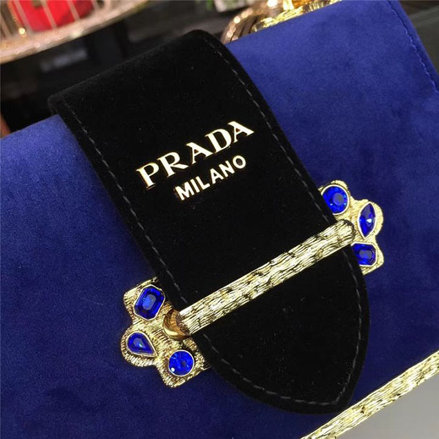 Prada Cahier Crystal-Embellished Velvet Shoulder Bag 18cm Calfskin Leather Fall Winter 2017 Bag Collection Electric Blue