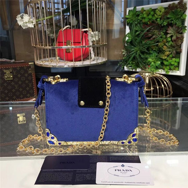 Prada Cahier Crystal-Embellished Velvet Shoulder Bag 18cm Calfskin Leather Fall Winter 2017 Bag Collection Electric Blue